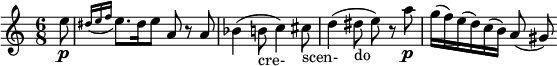 
\relative a'' { 
\key a \minor
\time 6/8 
\partial 8 
e8\p 
\grace { dis16 [ (e16 f 16] }
e8.) dis16 e8 a, r a bes4 (b8_"cre-"
c4) cis8_"scen-" 
d4 (dis8_"do" e8) r8 
a\p g16 (f) e (d) c (b) a8 (gis8)
}
