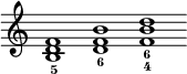 
\language "italiano"
\relative do' {
  \override Staff.TimeSignature #'stencil = ##f
  \cadenzaOn
  \clef treble
  <fa re si>1_5 <si fa re>_6 <re si fa>_6_4
}
\header { tagline = ##f}
\paper {
  indent = 0
  line-width = #120
}
