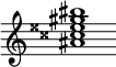 {
  % Rivin lopun pystyviiva ja tahtiosoitus piiloon.
  \override Score.BarLine.break-visibility = ##(#f #t #t)
  \override Staff.TimeSignature #'stencil = ##f
  
  <ais' cisis'' eisis'' gis'' bis''>1
}
