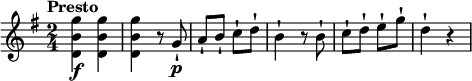 
\relative c'' {
  \version "2.18.2"
  \key g \major
  \time 2/4
  \tempo "Presto"
  \tempo 4 = 130
 <d, b' g'>4\f <d b' g'>
 <d b' g'> r8 g\p-!
 a-! b-! c-! d-!
 b4-! r8 b8-!
 c-! d-! e-! g-!
 d4-! r
  }
