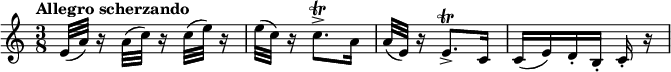 
\relative c' {
 \set Score.tempoHideNote = ##t \tempo "Allegro scherzando" 4.=50 \key a \minor \time 3/8
 e32( a) r16 a32( c) r16 c32( e) r16 e32( c) r16 c8.-> \trill a16
 a32( e) r16 e8.-> \trill c16 c[ ( e) d-. b-.] c-. r
}
