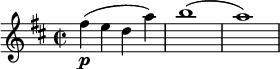 \ relativa c '' {\ clave de sol \ tonalidad d \ mayor \ tiempo 2/2 fis \ p (ed a ') |  b1 (| a)}