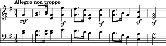 
\version "2.18.2"
<<
  \new Staff  \relative c' {
         \clef "treble" 
         \tempo "Allegro non troppo"
         \key g \major
         \time 3/4 
         
      \partial 4 g'4 \mf
      <g b>8. <a c>16 <g d>4 <g g'>\sf  <g fis'>8. <g e'>16  <g d>4 <g e'> \sf  <g d'>8. b16 g4  <e c'> \sf   <d fis a>2 \sf      
}

 \new Staff \relative c {      
         \clef "bass" 
         \key g \major
         \time 3/4 
         \tempo 4 = 120
        \partial 4 <b' d>4  <g d'>8. <a d>16 <b d>4 e d8. c16 b4 c b8. g16 e4 <c a'> <d a'>2      
 }
>>
