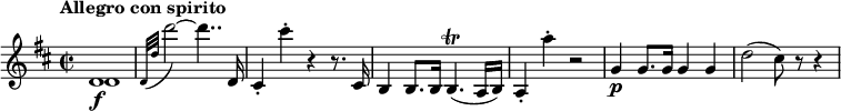 
\relative c' {
  \override Score.NonMusicalPaperColumn #'line-break-permission = ##f
  \version "2.18.2"
  \tempo "Allegro con spirito"
  \key d \major
  \time 2/2
  \tempo 4 = 160
  <<
    { d1\f | } \\
    { d1 | }
  >>
  \appoggiatura { d32[ d'] } d'2~ d4.. d,,16 |
  cis4-. cis''-. r r8. cis,,16 |
  b4 b8. b16 b4.\trill( a16 b) |
  a4-. a''-. r2 |
  g,4\p g8. g16 g4 g |
  d'2( cis8) r r4
}
