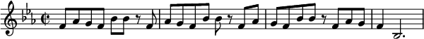 { \key es \major
 \time 2/2 f'8 as' g' f' bes' bes' r8 f' as' g' f' bes' bes' r8 f' as' g' f' bes' bes' r8 f' as' g' f'4 bes2.}