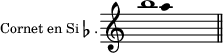 
\language "italiano"
\score {
  \new Staff \with {
    instrumentName = \markup { \fontsize #-1 "Cornet en Si"\flat"." }
  }
\relative do''' {
\clef treble
\key do \major
\override Staff.TimeSignature #'stencil = ##f
\cadenzaOn
<< { si1 } \\ {\override Stem #'transparent = ##t s4 la4 } >> \bar "||"
}
\layout{
  indent = 16\mm
  line-width = #120
  \set fontSize = #0
} %layout
} %score
\header { tagline = ##f}
