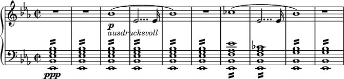 
{ \new PianoStaff << \new Staff \relative bes' { \set Staff.midiInstrument = #"piano" \key es \major \clef treble \time 2/2 \set Score.tempoHideNote = ##t \tempo 2 = 60 R1*2 |  % 3 bes1 \p _\markup{ \italic{ ausdrucksvoll} } ( | % 4 es,2... es16 | % 5 bes'1 ) |  % 6 R1 |  % 7 ces1 ( | % 8 es,2... es16 | % 9 bes'1 ) r1 } \new Staff \relative es, { \set Staff.midiInstrument = #"piano" \key es \major \clef bass \ temps 2/2 <es bes' es g bes>1 \ppp :16 |  % 2 <es bes' es g bes>1 :16 |  % 3 <es bes' es g bes>1 :16 |  % 4 <es bes' es g bes>1 :16 |  % 5 <es bes' es g bes>1 :16 |  % 6 <es bes' es g bes>1 :16 |  % 7 <es bes' f' as es'>1 :16 |  % 8 <es bes' f' as ces>1 :16 |  % 9 <es bes' g' bes>1 :16 |  <es bes' g' bes>1 :16 } >> }
