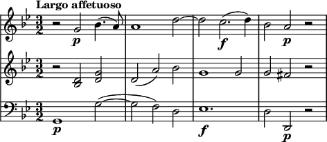 
{
  \language "italiano"
  \new StaffGroup <<
    \omit StaffGroup.SystemStartBracket
    \new Staff {
      \set Staff.midiInstrument = #"violin"
      \tempo "Largo affetuoso" 4 = 60
      \set Score.tempoHideNote = ##t
      \override Stem.neutral-direction = #up
      \relative do'' {
        \clef "treble" \key sol \minor \time 3/2
        r2 sol \p sib 4.( la8) |
        la1 re2~ |
        re do2.( \f re4) |
        sib2 la \p r2 |
      }
    } \new Staff {
      \set Staff.midiInstrument = #"violin"
      \override Stem.neutral-direction = #up
      \relative do' {
        \clef "treble" \key sol \minor \time 3/2
        r2 << sib re >> << re sol >> |
        re( la') sib |
        sol1 sol2 |
        sol fad r |
      }
    } \new Staff {
      \set Staff.midiInstrument = #"cello"
      \relative do {
        \clef "bass" \key sol \minor \time 3/2
        sol1 \p sol'2~ ( |
        sol2 fa) re |
        mib1. \f |
        \override Stem.neutral-direction = #up
        re2 re, \p r |
      }
    }
  >>
}
