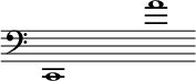 
\language "italiano"
\score {
  \relative do, { \clef bass do1 \bar "" s \bar "" la'''  \bar "" }
  \layout {
    \context { \Staff \RemoveEmptyStaves \remove Time_signature_engraver }
    indent = 0\cm
    \override Score.BarNumber #'stencil = ##f
  }
}
\header { tagline = ##f}
