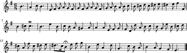 
\relative c'' {
  \key e \minor
  \time 6/8
  \partial 4.
  \autoBeamOff
  b4.
  a4 c8 b4.
  e,8 fis g a g fis
  g fis g a g fis
  g a b a b c
  b cis d cis dis e

  dis4 e8 fis4 fis,8
  b4 cis8 cis4.\mordent
  b e4 b8
  c b a gis4 a8
  a4 a8 e fis g
  fis d d' a b c
  b g e' b cis d

  cis a fis' cis dis e
  dis8.[ c16 b8]\fermata e fis g
  b,4 e8 a,4 d8
  g,4. c8 b a
  b4 a8 g4 fis8
  e4.
  \bar "|."
}
