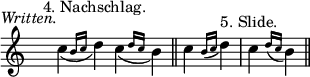 { \relative c'' { \override Score.TimeSignature #'stencil = ##f \time 4/4
 \afterGrace c4_(^\markup \italic \right-align "Written." { b16 c } d4)^\markup \center-align "4. Nachschlag."
  \afterGrace c4_( { d16 c } b4) \bar "||" \time 2/4
  c4 \appoggiatura { b16 c } d4^\markup "5. Slide." |
  c4 \appoggiatura { d16 c } b4) \bar "||" } }