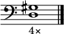 \relative c {
     \clef bass
     \override Staff.TimeSignature #'stencil = ##f
     <d gis>1_"4×"
     \bar "|."
   }