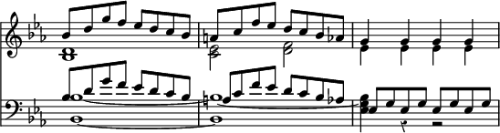 << \time 4/4 \override Score.Rest #'style = #'classical \override Score.TimeSignature #'stencil = ##f
\new Staff << \key ees \major
  \new Voice \relative b' { \stemUp
    bes8 d g f ees d c bes | a c f ees d c bes aes | g4 g g g }
  \new Voice \relative d' { \stemDown
    <d bes>1 <ees c>2 <f d> | ees4 ees ees ees } >>
\new Staff << \key ees \major \clef bass
  \new Voice \relative b { \stemUp
    bes8 d g f ees d c bes | a c f ees d c bes aes |
    ees8 g ees g ees g ees g }
  \new Voice \relative b, { \stemDown
    <bes bes'>1 _~ q _~ | <ees g bes>4 r r2 } >> >>