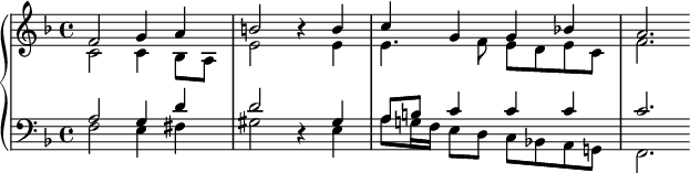 
{
  #(set-global-staff-size 14)
   \new PianoStaff <<
      \new Staff <<
         \new Voice \relative c' {
             \stemUp \clef treble \key f \major \time 4/4
             f2 g4 a 
             b2 r4 b
             c4 g g bes! 
             a2.
             }
         \new Voice \relative c' {
             \stemDown
              c2 c4 bes8 a 
              e'2 s4 e
              e4. f8 e d e c 
              f2.
              }
            >>
     \new Staff <<
         \new Voice \relative c' {
             \stemUp \clef bass \key f \major \time 4/4
             a2 g4 d' 
             d2 r4 gis,
             a8 b c4 c c 
             c2.
             }
         \new Voice \relative c {
             \stemDown
             f2 e4 fis 
             gis2 s4 e
             a8 g!16 f e8 d c bes! a g!
             f2.
             }
         >>
    >>
}
