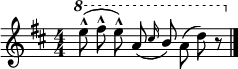 
{ \new Staff <<
  \set Staff.midiInstrument = #"recorder"
  \clef treble \time 4/4 \numericTimeSignature
  \key d \major
  \relative c''' {
    \autoBeamOff
    \set Staff.ottavationMarkups = #ottavation-ordinals
    \ottava #1
    \stemDown e8-^ (fis-^ e-^) \stemUp a, (\grace{ cis16 } b8) \stemDown a (d) r \bar "|."
  }
>> }
