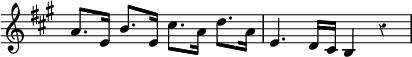 \relative a' { \override Score.TimeSignature #'stencil = ##f \override Score.Rest #'style = #'classical \time 4/4 \key a \major
  a8. e16 b'8. e,16 cis'8. a16 d8. a16 | e4. d16 cis b4 r } 