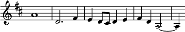 { \override Score.TimeSignature #'stencil = ##f \time 4/4 \key d \major \relative a' { a1 d,2. fis4 e d8 cis d4 e fis d a2 ~ a4 } }