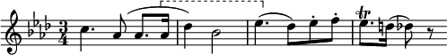 
\language "italiano"

\layout {
  indent = 0 \mm
  short-indent = 0 \mm
  line-width = 12.5 \cm
  \context {
    \Voice
    \consists Horizontal_bracket_engraver
  }
}

\relative do'' {
  \key lab \major
  \clef treble
  \time 3/4
  \override Score.BarNumber.break-visibility = ##(#f #f #f)
  \override HorizontalBracket.direction = #UP
  \override HorizontalBracket.bracket-flare = #'(0 . 0)
  \override HorizontalBracket.style = #'dashed-line
  \override HorizontalBracket.padding = 1
  do4. lab8( lab8. lab16\startGroup | reb4) sib2 | mib4.(\stopGroup reb8) mib^. fa^. | mib8.^\trill re16( reb8) r8
}
