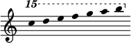 
{  
  \cadenzaOn %% tahtiviivojen piilotus
  \omit Stem %% Nuottien varren piilotus
  \once \override Staff.TimeSignature #'stencil = ##f % Tahtiosoituksen piilotus
  
  \ottava #2
   \relative c'''' {
    c4 d e f g a b
  }
}
