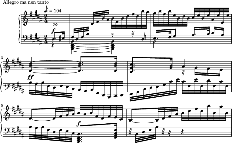 
\version "2.18.2"
\header {
 tagline = ##f
}
upper = \relative c'' {
 \clef treble 
 \key b \major
 \time 2/4
 \tempo 8 = 104
 %\autoBeamOff


 %%Montgeroult — Étude 67 (pdf p. 218)

 \partial 4 << { \change Staff = "lower" dis,,8.^\f eis16 fis32 dis fis b } \\ { s16 s32_\turn } >> 
 \change Staff = "upper" dis32 fis b ais b fis b dis fis dis b' ais
 gis32 b fis b e, b dis b cis e b e ais, e' e, e' 
 < dis b dis, >4~ q8. q16 
 < cis gis cis, >8. < b gis >16 << { ais4 } \\ { r16 gis16 fis e } >>
 dis8~ dis32 fis gis ais b ais b fis dis fis e cis
 b8~ b32 dis fis ais b dis fis dis b' b, ais' b, 

}

lower = \relative c {
 \clef bass
 \key b \major
 \time 2/4

 r4 << { s4 r8 r16 dis16 } \\ { < b fis dis b >4~ q } >>
 << { e16. fis32 gis8 ais16. b32 cis16[ ais] } \\ { b,2 } >>
 b'32^\ff ais b fis dis fis e cis b ais b fis dis b cis dis 
 e32 gis cis dis e gis cis e cis fis, e' fis, dis' fis, cis' fis, 
 b32 ais b fis dis fis e cis < b fis dis b >8.^\f < fis' cis ais fis >16
 r32 b,32 dis fis b r32 r16 r4

}

 \header {
 piece = "Allegro ma non tanto"
 }

\score {
 \new PianoStaff <<
 \new Staff = "upper" \upper
 \new Staff = "lower" \lower
 >>
 \layout {
 \override TupletBracket.bracket-visibility = ##f
 \context {
 \Score
 %\remove "Metronome_mark_engraver"
 }
 }
 \midi { }
}
