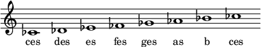 \relative c'{\override Staff.TimeSignature #'stencil = ##f\cadenzaOn ces1 des es fes ges as bes ces \cadenzaOff}\addlyrics { \small {ces des es fes ges as b ces} }