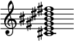 {
  % Rivin lopun pystyviiva ja tahtiosoitus piiloon.
  \override Score.BarLine.break-visibility = ##(#f #t #t)
  \override Staff.TimeSignature #'stencil = ##f
  
  <cis' e' gis' bis' dis'' fis''>1
}
