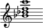 {
  % Rivin lopun pystyviiva ja tahtiosoitus piiloon.
  \override Score.BarLine.break-visibility = ##(#f #t #t)
  \override Staff.TimeSignature #'stencil = ##f
  
  <bes' des'' f'' c'''>1
}
