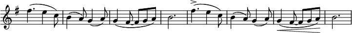 
\relative c'' \new Staff \with { \remove "Time_signature_engraver" } {
 \set Score.tempoHideNote = ##t \tempo "" 4=108 \key e \minor \time 6/8
 fis4.( e4 c8) b4( a8) g4( a8) g4( fis8~ fis g a) b2.
 fis'4.->( e4 c8) b4( a8) g4( a8) g4\< ( fis8~ fis g a\! ) b2.
}
