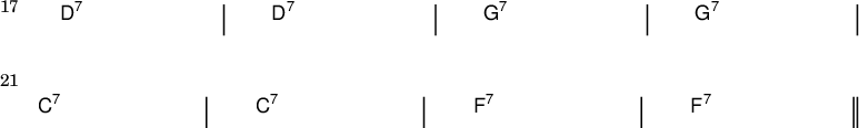 
{
#(set-default-paper-size "a6")
#(set-global-staff-size 15)
\new ChordNames \with {
  \override BarLine #'bar-extent = #'(-2 . 2)
  \consists "Bar_engraver"
}
\chordmode {
  \override Score.BarNumber.font-size = #0
  \override Score.BarNumber.stencil= #(make-stencil-boxer 0.1 0.25 ly:text-interface::print)
  \set Score.barNumberVisibility = #all-bar-numbers-visible
  \set Score.currentBarNumber = #17
  \bar ""

  d1:7 | d:7 | g:7 | g:7 | 
\break
c:7 | c:7 | f:7 | f:7 \bar "||"
} }
