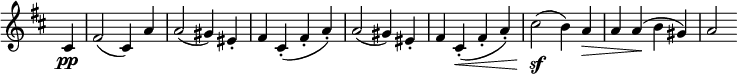  \relative c' \new Staff \with { \remove "Time_signature_engraver" }
        { \key d \major \time 4/4 \partial 4
         cis4\pp fis2( cis4) a' a2( gis4) eis-. 
         fis cis-.( fis-. a-.) a2( gis4) eis-.
         fis cis-.\<( fis-. a-.) cis2\sf( b4) a\> a a\!( b gis) a2}
