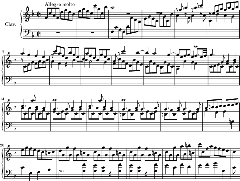 
\version "2.18.2"
\header {
 tagline = ##f
 % composer = "Domenico Scarlatti"
 % opus = "K. 469"
 % meter = "Allegro molto"
}

%% les petites notes
trillFqp = { \tag #'print { f8.\prall } \tag #'midi { g32 f g f~ f16 } }
trillGp = { \tag #'print { g4.\prall } \tag #'midi { a32 g a g~ g4 } }

upper = \relative c'' {
 \clef treble 
 \key f \major
 \time 2/2
 \tempo 2 = 92
 \set Staff.midiInstrument = #"harpsichord"
 \override TupletBracket.bracket-visibility = ##f

 s8*0^\markup{Allegro molto}
 f,8 c' a f d' f d bes | e g e c c' g c, bes' | a2 r2 |
 % ms. 4
 R1 | \stemUp r8 f8 a4 r8 a8 c4 | r8 c,8 e g f a g bes | a4 g f e |
 % ms. 8
 r8 c'8 a f d bes' g e | c a' f d bes g' e c | a r8 c'2 bes4^~ | bes a2 g4^~ |
 % ms. 12
 g8 e f g e4 \trillFqp e32 f | g4. g,8 a4 bes | c4. a'8 bes,4 a | \trillGp g8 a4 bes |
 % ms. 16
 c4. a'8 bes,4 a | \trillGp a8 \repeat unfold 2 { g4. a8 } g4. g8 | a b b c c d d \stemNeutral e | 
 % ms. 20
 e8 g f e d c b c | d g, g' g, f' g, b g | \repeat unfold 2 { c8 g g' g, f' g, b g }
 % ms. 24
 c8 g g' g, a' a, b' b, | c' c, f a g f e d | c4

}

lower = \relative c' {
 \clef bass
 \key f \major
 \time 2/2
 \set Staff.midiInstrument = #"harpsichord"
 \override TupletBracket.bracket-visibility = ##f

 % ************************************** \appoggiatura a16 \repeat unfold 2 { } \times 2/3 { } \omit TupletNumber 
 R1*2 | f,8 c' a f d' \stemDown \change Staff = "upper" f d bes |
 % ms. 4
 e g e c c' g c, bes' | a4 r8 f8 a4 r8 a8 | c,4 bes' a g | r8 c,8 e g f a g bes |
 % ms. 8
 a4 f r4 bes_~ | bes a2 g4 | f8 c' a f d bes' g e | c a' f d bes g' e c |
 % ms. 12
 a4 a' g f | c8 d e c f c g' c, | a' c, a' c, g' c, f c | e c e c f c g' c, | 
 % ms. 16
 a' c, a' c, g' c, f c | \repeat unfold 2 { b f' b, f' c e c e } | f4 d e \stemNeutral \change Staff = "lower" b
 % ms. 20
 c4 e, f a | g2. \repeat unfold 2 { < g f' >4 | < g e' > < g c > r4 } < g f' >4
 % ms. 24
 e'4 c f d | e f g g, c8 s8

}

thePianoStaff = \new PianoStaff <<
 \set PianoStaff.instrumentName = #"Clav."
 \new Staff = "upper" \upper
 \new Staff = "lower" \lower
 >>

\score {
 \keepWithTag #'print \thePianoStaff
 \layout {
 #(layout-set-staff-size 17)
 \context {
 \Score
 \override SpacingSpanner.common-shortest-duration = #(ly:make-moment 1/2)
 \remove "Metronome_mark_engraver"
 }
 }
}

\score {
 \keepWithTag #'midi \thePianoStaff
 \midi { }
}
