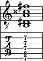  
<<
  %\override Score.BarLine.break-visibility = ##(#f #t #t)
  \time 1/1
    \new Staff  {
    \clef "treble_8"
        \once \override Staff.TimeSignature #'stencil = ##f
        <b, dis a cisis' fis' >1
    }

     \new TabStaff {
       \override Stem #'transparent = ##t
       \override Beam #'transparent = ##t 
      <b,\6 dis\5 a\4 d'\3 fis'\2 >1
  }
>>
