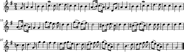 
\relative c'' {
  \key g \major
  \time 2/4
  \partial 8
  \autoBeamOff
  g8
  a4 a
  b b
  c4.\mordent c8
  d4. d8
  c4 c
  b b
  a8.[( b16]) c8.[( a16])
  g4 d8[ g]

  %tourne

  a4 a
  b b
  c\mordent c
  d4. d8
  c4 c
  b b
  a8.[( b16]) c8.[( a16])
  g4 g
  g'8.[ fis16] e8. fis16
  d4 d

  g8.([ fis16)] e8.([ fis16)]
  d2
  cis8.[ d16] e8. cis16
  d4 d
  cis8.([ d16)] e8.([ cis16)]
  d4 d8 d
  d4 d
  d e
  c!4. c8
  d4. g,8
  g'4 g

  fis fis
  e8.[ fis16] g8.[ e16]
  d4. d8
  d[( e]) fis g
  g[( e]) c[( a])
  d2
  b4. d8
  d[ e] fis g
  g[( e]) c[( a])
  d2
  g,
  \bar "|."
}
