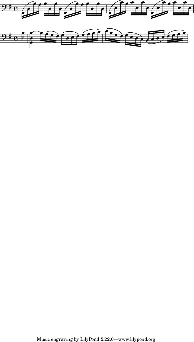 
\score {
  \new Staff \relative g, {
    \clef bass
    \key g \major
    \repeat unfold 2 { g16( d' b') a b d, b' d, } |
    \repeat unfold 2 { g,16( e' c') b c e, c' e, } |
  }
}

\score {
  \new Staff \relative b {
    \clef bass
    \key g \major
    \partial 16 b16 |
    <g, d' b'~>4 b'16 a( g fis) g( d e fis) g( a b c) |
    d16( b g fis) g( e d c) b(c d e) fis( g a b) |
  }
}
