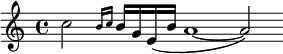  \relative c''{\set Staff.midiInstrument = #"acoustic guitar (nylon)"\clef treble\cadenzaOn  c2\grace { b16[c] } [b g e (b'] a1~a2) } 