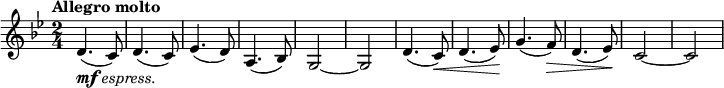 \relative c' {
\key g \minor
\set Staff.midiInstrument= 
#"french horn" 
\time 2/4
\tempo "Allegro molto"
d4.(-\markup{\dynamic "mf" \italic "espress."} c8) | d4.( c8) | es4.( d8) | a4.( bes8) | g2~ | g |
d'4.( c8)\< | d4.( es8)\! | g4.( f8)\> | d4.( es8)\! | c2~ | c |
}