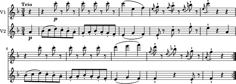 
<<
\new Staff \with { instrumentName = #"V1 "}  \relative c' {
    \version "2.18.2"
    \key f \major 
    \tempo "Trio"
    \tempo 4 = 142
    \time 3/4
   \partial 4 r4 r4 c''8-.\p r c-. r c-. r c-. r c-. r
   c4 (e, f)
   \grace e16 (g8-!) r \grace f16 (a8-!) r \grace d,16 (b'8-!) r
   \grace e,16 (c'4-!) r r
   r c8-. r c-. r c-. r c-. r c-. r
   d4 (e f)
   \grace f,16 (d'8-!) r \grace d,16 (bes'!8-!) r \grace bes,16 (g'8-!) r
   \grace a,16 (f'4-!) r
   \bar ":|."
}
\new Staff \with { instrumentName = #"V2 "} 
 \relative c'' {
    \key f \major 
    \clef "treble"
    \time 3/4
   \partial 4 a4\p bes8 (c d) c-. bes-. a-.
  g-. a-. bes-. a-. g-. f-.
  e4 (g f)
  e8-! r c'-! r f-! r
  e4-! r a,
  bes8 (c d) c-. bes-. a-.
  g-. a-. bes-. a-. g-. f-.
  e4 (g f) f-! r e8-! r
  f4-! r
  \bar ":|."
 }
>>

