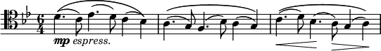 \relative c' {
\time 6/4
\key bes \major
\clef "tenor"
d4.\((_\markup{\dynamic "mp" \italic "espress."} c8) es4.( d8) c4( bes)\) | a4.\(( g8) f4.( bes8) a4( g)\) | 
c4.\((\< d8) bes4.(\! a8)\> g4( a)\)\! |
}