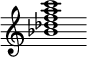 {
  % Rivin lopun pystyviiva ja tahtiosoitus piiloon.
  \override Score.BarLine.break-visibility = ##(#f #t #t)
  \override Staff.TimeSignature #'stencil = ##f
  
  <bes' des'' f'' a'' c'''>1
}
