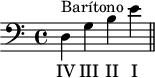 
X:1
L:1/4
K:C bass
"^Barítono"D, G, B, E ||
w: IV III II I
