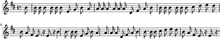 
\new Staff
<<
  \new Voice \relative c' {
    \autoBeamOff
    \language "English"
    \set Staff.midiInstrument = #"violin"
    \set Score.tempoHideNote = ##t
    \tempo 4 = 120
    \key b \minor
    \time 4/4 \partial 8
      b'8 b16 b16 b8 b16 b16 b8 e,8 g8 b8 
      a8 a16 a16 a8 a16 a16 a8 d,8 fis8 a8
      b8 b16 b16 b8 b16 b16 b8 cis8 d8 e8
      d8 b8 a8 fis8 e8. r16 e8. r16
      b'4 b8. b16 b8 e,8 g8 b8
      a4 a8. a16 a8 d,8 fis8 a8
      b4 b8. b16 b8 cis8 d8 e8
      d8 b8 a8 fis8 e8. r16 e8. r16.
   }

  \addlyrics {
  }
>>
