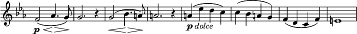  \relative c' \new Staff \with { \remove "Time_signature_engraver" } {
         \key es \major \time 4/4
          f2\p\<( aes4.\> g8\!) g2. r4 g2\<( bes4.\> a8\!) a2. r4 
          a_\markup{ \dynamic p \italic dolce}( es' d c) c( bes a g) f( d c f) e1 }
