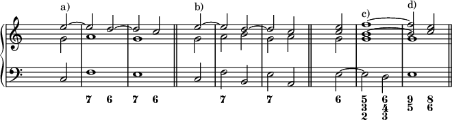 \new PianoStaff <<<< % wegen Generalbass   \new Staff <<    \set Score.tempoHideNote = ##t    \tempo 4 = 160    \override Staff.TimeSignature.transparent = ##t     <<     \new Voice = "first"       \relative c''         { \voiceOne s2 e^"a)" ~ e d ~ d c \bar "||" s e^"b)" ~ e d ~ d c \bar "||" s2 <c e> <b f'>1^"c)" ~ <b f'>2^"d)" <c e> \bar "||"}     \new Voice = "second"       \relative c''         { \voiceTwo s2 g a1 g s2 g a b g a s2 g g1 g }     >>     >>    \new Staff <<           \override Staff.TimeSignature.transparent = ##t              \clef "bass"              \relative c { s2 c f1 e s2 c f b, e a, s2 e' ~ e2 d e1}     >> >>  \new FiguredBass {    \figuremode { <_>1 <7>2 <6> <7> <6> <_>1 <7>2 <_> <7> <_> <_> <6> <5 3 2> <6 4 3> <9 5> <8 6>}   }>> % wegen Generalbass