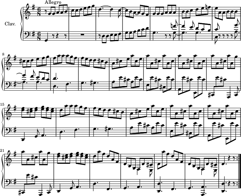 
\version "2.18.2"
\header {
  tagline = ##f
  % composer = "Domenico Scarlatti"
  % opus = "K. 413"
  % meter = "Allegro"
}

%% les petites notes
%trillBesp     = { \tag #'print { bes4.\prall } \tag #'midi { c32 bes c bes~ bes4 } }

upper = \relative c'' {
  \clef treble 
  \key g \major
  \time 6/8
  \tempo 4. = 102
  \set Staff.midiInstrument = #"harpsichord"
  \override TupletBracket.bracket-visibility = ##f

  \repeat volta 2 {
      s8*0^\markup{Allegro}
      r8 g8 g a a b | c  c d e fis g | d4.~ d4 c8~ | c b a~ a g fis |
      % ms. 5
      g8 g g a a a | b b c d e f | e a, a b b b | cis cis d e fis g | fis \repeat unfold 2 { a a a g fis |
      % ms. 10
      fis8 e d d cis b | a cis e a cis, e | \repeat unfold 5 { a a, cis } a' a, g' |
      % ms. 15 à 22
      < d fis >8 < cis e > < d fis > < e g > < d fis > < cis e > | d } a'8 fis d a fis | d b g << { fis8 d' cis } \\ { fis,4 e8 } >>
      % ms. 25
      d'8 a'' fis d a fis | d b g << { fis8 d' cis } \\ { fis,4 e8 } >> | d'4. r4 r8 }%repet

}

lower = \relative c' {
  \clef bass
  \key g \major
  \time 6/8
  \set Staff.midiInstrument = #"harpsichord"
  \override TupletBracket.bracket-visibility = ##f

  \repeat volta 2 {
    % ************************************** \appoggiatura a16  \repeat unfold 2 {  } \times 2/3 { }   \omit TupletNumber 
      g,4 r8 r4 r8 | R2. | r8 d'8 d e e fis | g g a b c d |
      % ms. 5
      g,4. r8 r8 << { f'8~ | f4 e8 d c b | c } \\ { g8~ g4. g | c,8 } >> r8 r8 r8 r8 << { g''8~ | g4 fis8 e d c | d4. } \\ { a8~ | a4. a | d, } >> fis4.
      % ms. 10
      g4. gis | \repeat unfold 2 { a8 e' cis } | e, e' cis cis, e' cis | a, e'' cis e,, e'' cis | cis,, e'' cis a,,4 cis8 |
      % ms. 15
      d4 g8 a4. | d fis | g gis | \repeat unfold 2 { a8 e' cis } | e, e' cis cis, e' cis |
      % ms. 20
      a, e'' cis e,, e'' cis | cis,, e'' cis a,,4 cis8 | d4 g8 a4. | d fis, | g  \shiftOn a |
      % ms. 25
      < d, d' >4. fis | g  \shiftOn < a, a' > | < d d' > r4 r8 }%repet

}

thePianoStaff = \new PianoStaff <<
    \set PianoStaff.instrumentName = #"Clav."
    \new Staff = "upper" \upper
    \new Staff = "lower" \lower
  >>

\score {
  \keepWithTag #'print \thePianoStaff
  \layout {
      #(layout-set-staff-size 17)
    \context {
      \Score
     \override SpacingSpanner.common-shortest-duration = #(ly:make-moment 1/2)
      \remove "Metronome_mark_engraver"
    }
  }
}

\score {
  \unfoldRepeats
  \keepWithTag #'midi \thePianoStaff
  \midi { }
}
