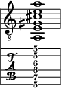  
<<
  %\override Score.BarLine.break-visibility = ##(#f #t #t)
  \time 1/1
    \new Staff  {
    \clef "treble_8"
        \once \override Staff.TimeSignature #'stencil = ##f
        <a, e gis cis' e' a'>1
    }

     \new TabStaff {
       \override Stem #'transparent = ##t
       \override Beam #'transparent = ##t 
      <a,\6 e\5 gis\4 cis'\3 e'\2 a'\1>1
  }
>>
