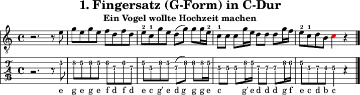 
\version "2.20.0"
\header {
  title="1. Fingersatz (G-Form) in C-Dur"
  subtitle="Ein Vogel wollte Hochzeit machen"
}
%% Diskant- bzw. Melodiesaiten
Diskant = \relative c' {
  \set TabStaff.minimumFret = #4
  \set TabStaff.restrainOpenStrings = ##t
  
  \key c \major
  r2. r8 e8 |
  g8 e g e  f d f d |
  e-2 c-1 g' e  d( g) g g16 e-2 |
  c8-1 8 8 g'16 e  d8 d d g16 f |
  e8-2 c-1 d b   \once \override NoteHead #'color = #red c4 r4
  \bar "|."
}

%% Layout- bzw. Bildausgabe
\score {
  <<
    \new Voice  { 
      \clef "treble_8" 
      \time 4/4  
      \tempo 4 = 120 
      \set Score.tempoHideNote = ##t
      \Diskant \addlyrics {
  e8 |
  g8 e g e  f d f d |
  e c g' e  d_g g g16 e |
  c8 8 8 g'16 e  d8 d d g16 f |
  e8 c d b c
      }
    }
    \new TabStaff { \tabFullNotation \Diskant }
  >>
  \layout {}
}

%% Midiausgabe mit Wiederholungen, ohne Akkorde
\score {
  <<
    \unfoldRepeats {
      \new Staff  <<
        \tempo 4 = 120
        \time 4/4
        \set Staff.midiInstrument = #"acoustic guitar (nylon)"
        \clef "G_8"
        \Diskant
      >>
    }
  >>
  \midi {}
}
%% unterdrückt im raw="!"-Modus das DinA4-Format.
\paper {
  indent=0\mm
  %% DinA4 = 210mm - 10mm Rand - 20mm Lochrand = 180mm
  line-width=180\mm
  oddFooterMarkup=##f
  oddHeaderMarkup=##f
  % bookTitleMarkup=##f
  scoreTitleMarkup=##f
}
