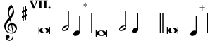 
\language "français" % pour avoir du sol, la etc...
\relative {  \key sol \major \tempo "VII."   
            \set Score.tempoHideNote = ##t \tempo 4 = 200 \cadenzaOn % rythme pour le midi, retrait des barre auto
            \override Score.TimeSignature.stencil = ##f %Enlève la clef de Do
            \override Score.SpacingSpanner.common-shortest-duration = #(ly:make-moment 1 2) %Espace entre les notes 1/2 c’est bien.
fad'\breve sol2 mi4 s2^"*"\bar "|" 
mi\breve sol2 fad4  s2\bar "||"
fad\breve mi4  s2^"+"\bar "|"
\cadenzaOff }
