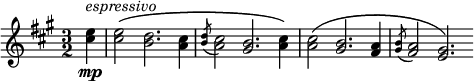 
\relative c'' {
\time 3/2
  \override TupletBracket #'stencil = ##f
  \override Score.BarNumber #'stencil = ##f
  \key a \major
  \partial 4
<cis e>4\mp^\markup { \italic espressivo } |<cis e>2\( <b d>2. <a cis>4 |\acciaccatura <b d>8 <a cis>2 <gis b>2. <a cis>4\) |<a cis>2\( <gis b>2. <fis a>4 |\acciaccatura <gis b>8 <fis a>2 <e gis>2. \)
}
