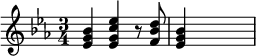 {\ set Staff.midiInstrument = # "Orchestral Harp" \ key es \ major \ time 3/4 <es 'g' bes '> 4 <es' g 'c' 'es' '> r8 <f' bes 'd ''> 8 <es 'g' bes '> 4 \ skip2}