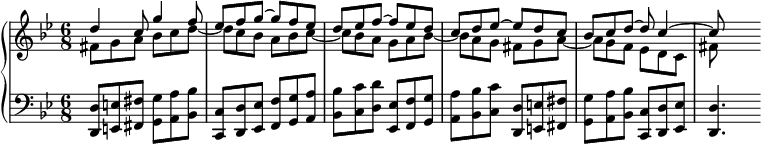 {\new PianoStaff <<
\new Staff { \time 6/8 \key g \minor <<{d''4 c''8 g''4 f''8 ees'' f'' g'' ~g'' f'' ees'' d'' ees'' f'' ~f'' ees'' d'' c'' d'' ees'' ~ees'' d'' c'' bes' c'' d'' ~d'' c''4 ~c''8} \\ {fis'8 g' a' bes' c'' d'' ~d'' c'' bes' a' bes' c'' ~c'' bes' a' g' a' bes' ~bes' a' g' fis' g' a' ~a' g' f' ees' d' c' fis'}>> } 
\new Staff { \time 6/8 \key g \minor \clef "bass" <d, d>8 <e, e> <fis, fis> <g, g> <a, a> <bes, bes> <c, c> <d, d> <ees, ees> <f, f> <g, g> <a, a> <bes, bes> <c c'> <d d'> <ees, ees> <f, f> <g, g> <a, a> <bes, bes> <c c'> <d, d> <e, e> <fis, fis> <g, g> <a, a> <bes, bes> <c, c> <d, d> <ees, ees> <d, d>4.}
>> }